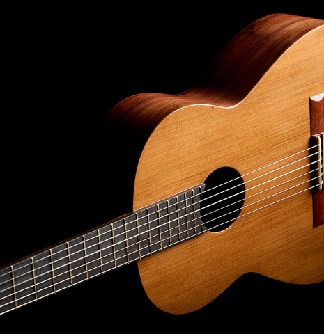 The top and side of a 2026 German Vazquez Rubio "Classic Estudio-SM" classical guitar made of cedar and palo escrito