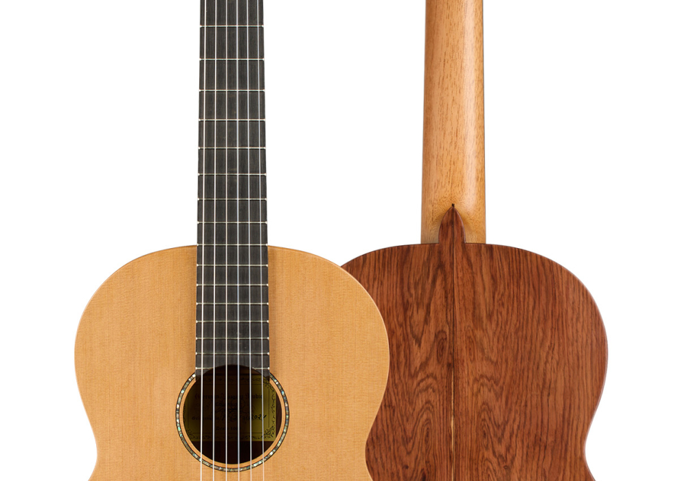 Front and back of a 2026 German Vázquez Rubio “Classic Estudio-SM” classical guitar, cedar and palo escrito