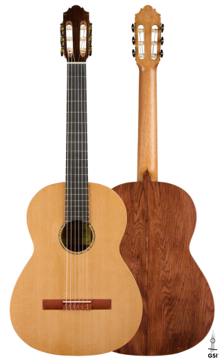 Front and back of a 2026 German Vázquez Rubio “Classic Estudio-SM” classical guitar, cedar and palo escrito
