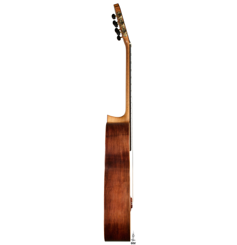 The side of a 2026 German Vazquez Rubio "Classic Estudio-SM" classical guitar made of cedar and palo escrito