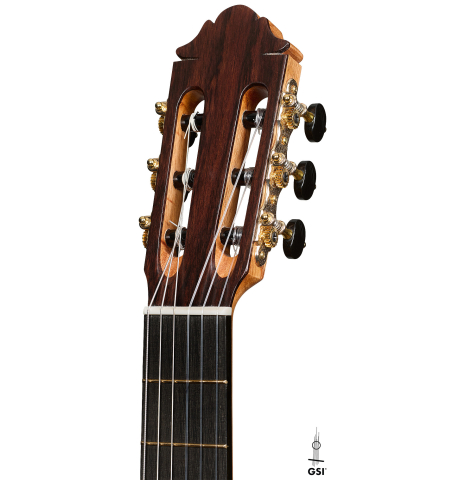 The headstock of a 2026 German Vazquez Rubio "Classic Estudio-SM" classical guitar made of spruce and palo escrito