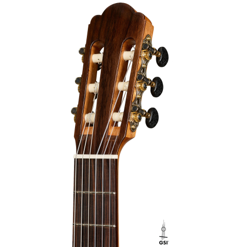 The headstock of a 2026 German Vazquez Rubio "Hauser" classical guitar made of spruce and palo escrito