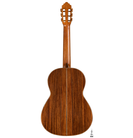 The back of a 2020 German Vazquez Rubio "Solista" classical guitar made of cedar and Indian rosewood