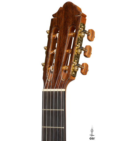 The headstock of a 2020 German Vazquez Rubio "Solista" classical guitar made of cedar and Indian rosewood