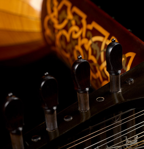 The inlaid neck of a 1981 David Rubio 9-course lute made of spruce and maple
