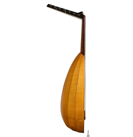 The side of a 1981 David Rubio 9-course lute made of spruce and maple