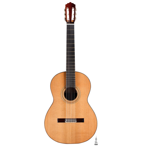 The front of a 2006 Robert Ruck classical guitar made of cedar and Indian rosewood