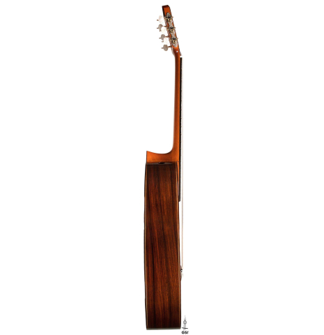 The side of a 2006 Robert Ruck classical guitar made of cedar and Indian rosewood