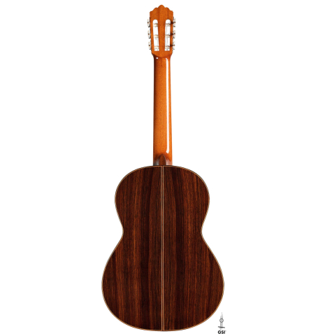 The back of a 2006 Robert Ruck classical guitar made of cedar and Indian rosewood