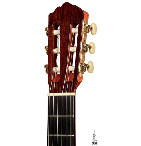 The headstock of a 1978 Robert Ruck classical guitar made with spruce and CSA rosewood.