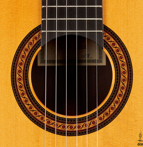The rosette of a 1978 Robert Ruck classical guitar made with spruce and CSA rosewood.