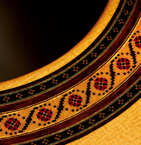 The rosette of a 1978 Robert Ruck classical guitar made with spruce and CSA rosewood.
