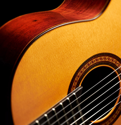 The soundboard and side of a 1978 Robert Ruck classical guitar made with spruce and CSA rosewood.