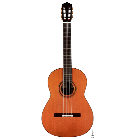 The front of a 2000 Robert Ruck classical guitar made with cedar and Indian rosewood on a white background