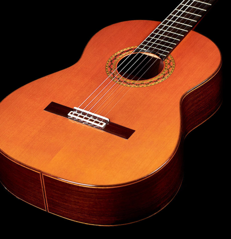 The top and sides of a 2000 Robert Ruck classical guitar made with cedar and Indian rosewood