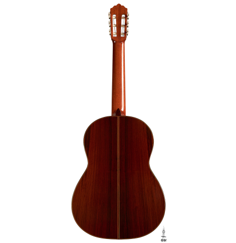 The back of a 2000 Robert Ruck classical guitar made of spruce and Indian rosewood
