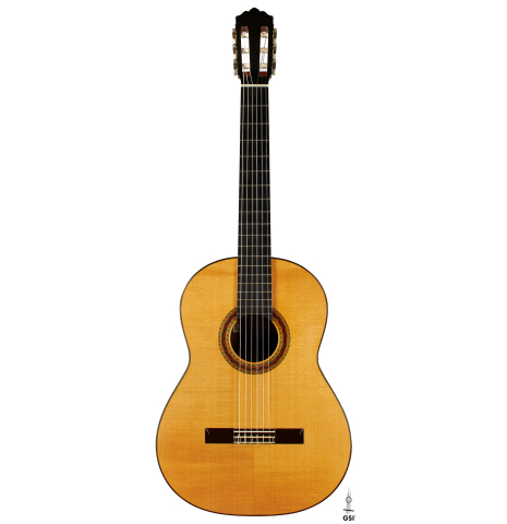 The front of a 2000 Robert Ruck classical guitar made of spruce and Indian rosewood