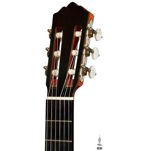 The headstock of a 2000 Robert Ruck classical guitar made of spruce and Indian rosewood