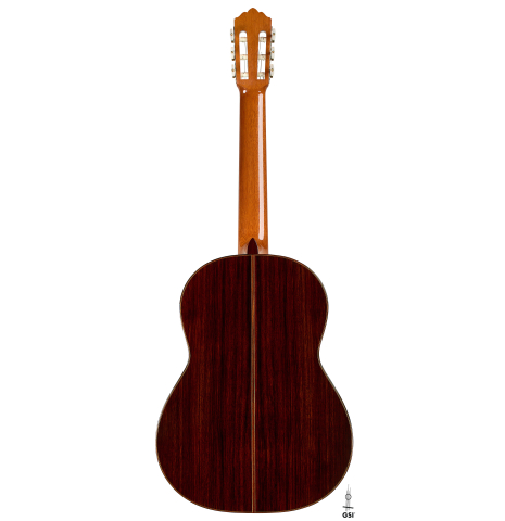 The back of a 2003 Robert Ruck classical guitar made of spruce and Indian rosewood