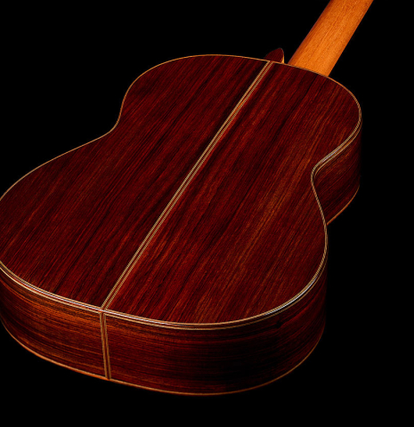 The back and sides of a 2003 Robert Ruck classical guitar made of spruce and Indian rosewood