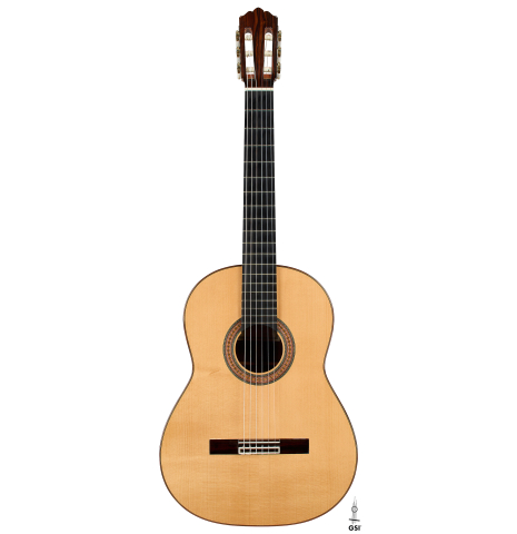 The front of a 2003 Robert Ruck classical guitar made of spruce and Indian rosewood
