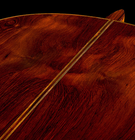 The back center seam of a 1979 Robert Ruck classical guitar made of spruce and CSA rosewood