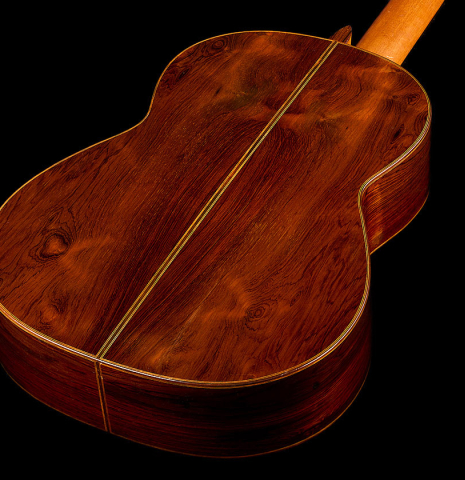 The back and sides of a 1979 Robert Ruck classical guitar made of spruce and CSA rosewood