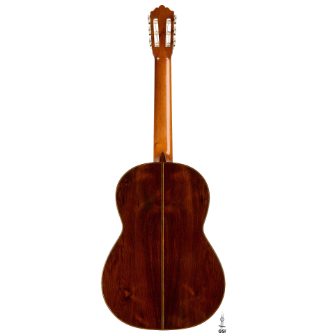The back of a 1979 Robert Ruck classical guitar made of spruce and CSA rosewood