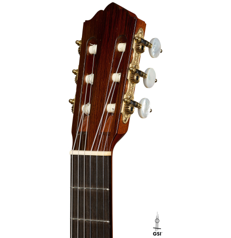 The headstock of a 1979 Robert Ruck classical guitar made of spruce and CSA rosewood