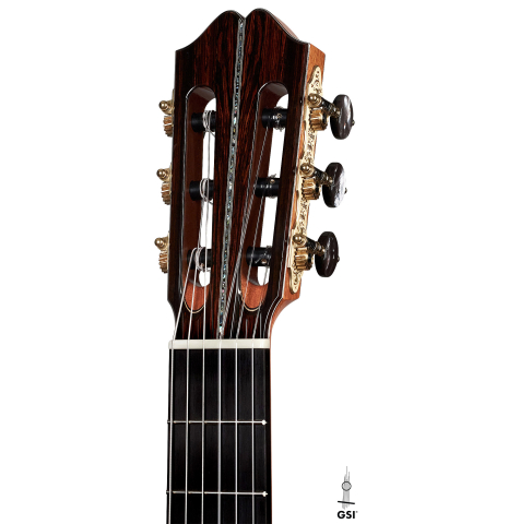 The headstock of a 2022 Eric Sahlin made of cedar and CSA rosewood