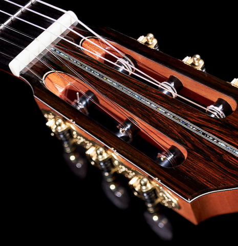 The headstock of a 2022 Eric Sahlin made of cedar and CSA rosewood