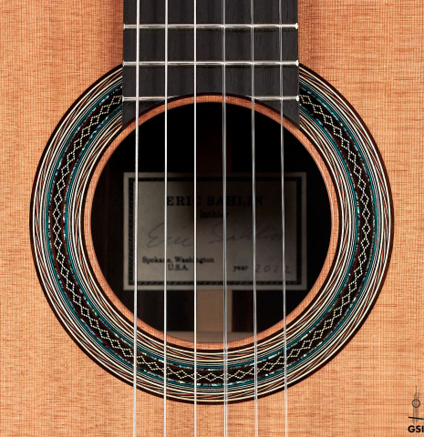The rosette of a 2022 Eric Sahlin made of cedar and CSA rosewood