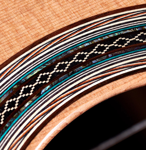 The rosette of a 2022 Eric Sahlin made of cedar and CSA rosewood
