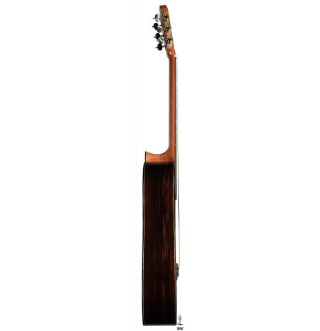 The side of a 2022 Eric Sahlin made of cedar and CSA rosewood