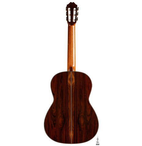 The back of a 2024 Eric Sahlin classical guitar made of cedar and CSA rosewood