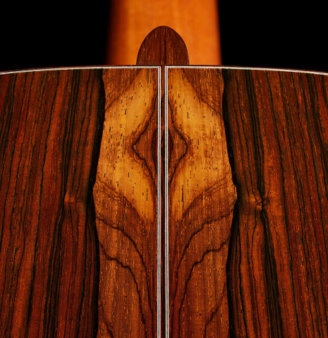 The back and heelcap of a 2024 Eric Sahlin classical guitar made of cedar and CSA rosewood