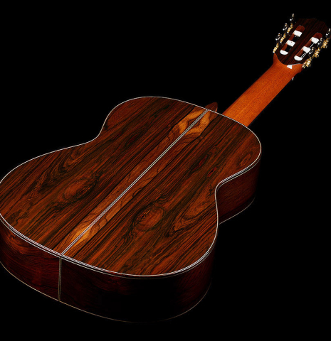 The back and sides of a 2024 Eric Sahlin classical guitar made of cedar and CSA rosewood