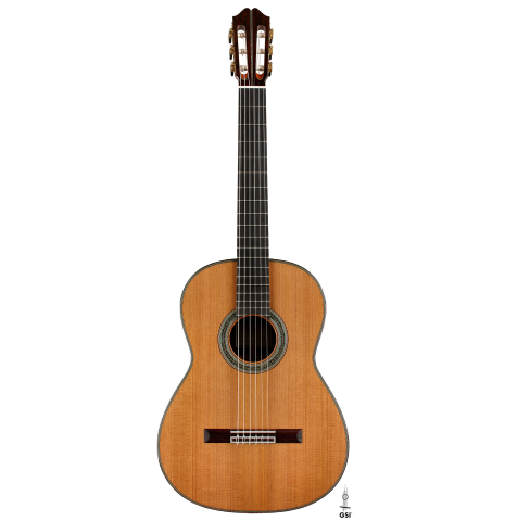 The front of a 2024 Eric Sahlin classical guitar made of cedar and CSA rosewood