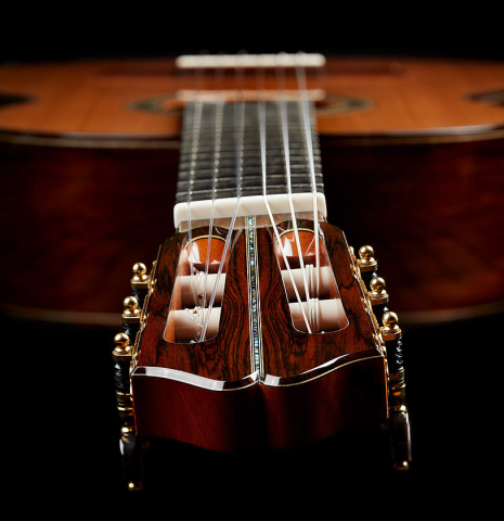 View from the headstock and twisted neck of a 2024 Eric Sahlin classical guitar made of cedar and CSA rosewood