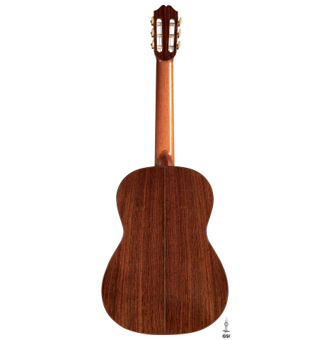 The back of a 1994 Eric Sahlin classical guitar made of cedar and Indian rosewood.