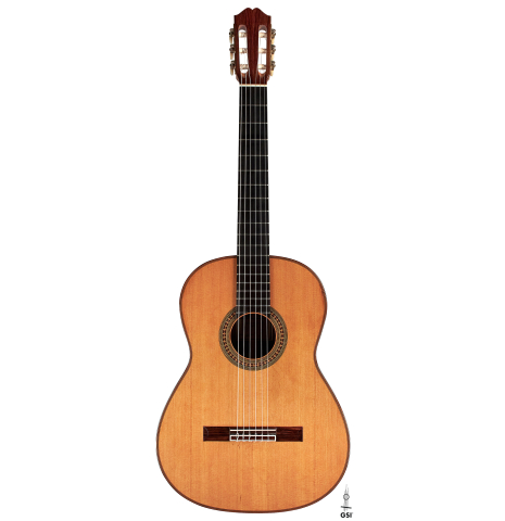The front of a 1994 Eric Sahlin classical guitar made of cedar and Indian rosewood.