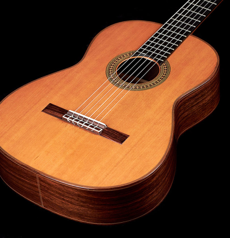 The front of a 1994 Eric Sahlin classical guitar made of cedar and Indian rosewood.