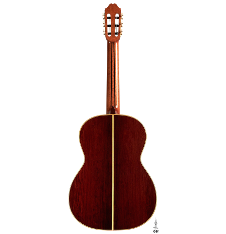 The back of a 2023 Masaki Sakurai "PC" classical guitar made with spruce and CSA rosewood on a white background.