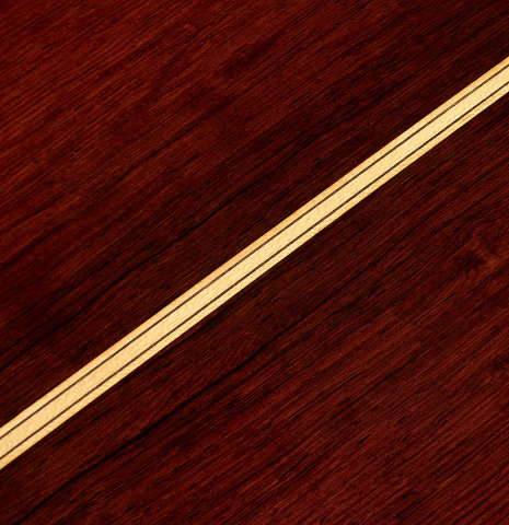 Detail of back inlay at center seam of a 2023 Masaki Sakurai "PC" classical guitar made with spruce and CSA rosewood.