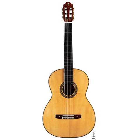 The front of a 2023 Masaki Sakurai "PC" classical guitar made with spruce and CSA rosewood on a white background.
