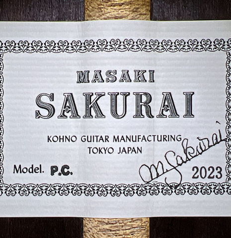 The label of a 2023 Masaki Sakurai "PC" classical guitar made with spruce and CSA rosewood.