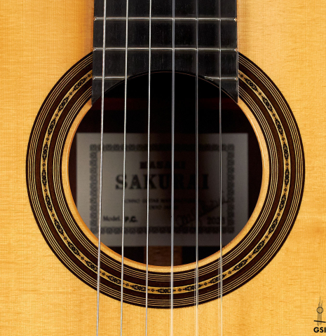 The rosette of a 2023 Masaki Sakurai "PC" classical guitar made with spruce and CSA rosewood.