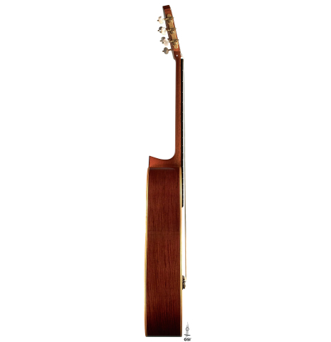 The side of a 2023 Masaki Sakurai "PC" classical guitar made with spruce and CSA rosewood on a white background.