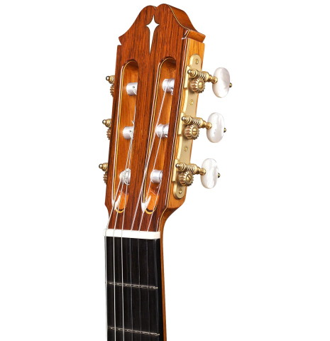 The headstock of a 2015 Masaki Sakurai "PC" classical guitar made of cedar and CSA rosewood