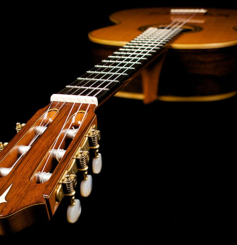 View from the headstock of a 2015 Masaki Sakurai "PC" classical guitar made of cedar and CSA rosewood